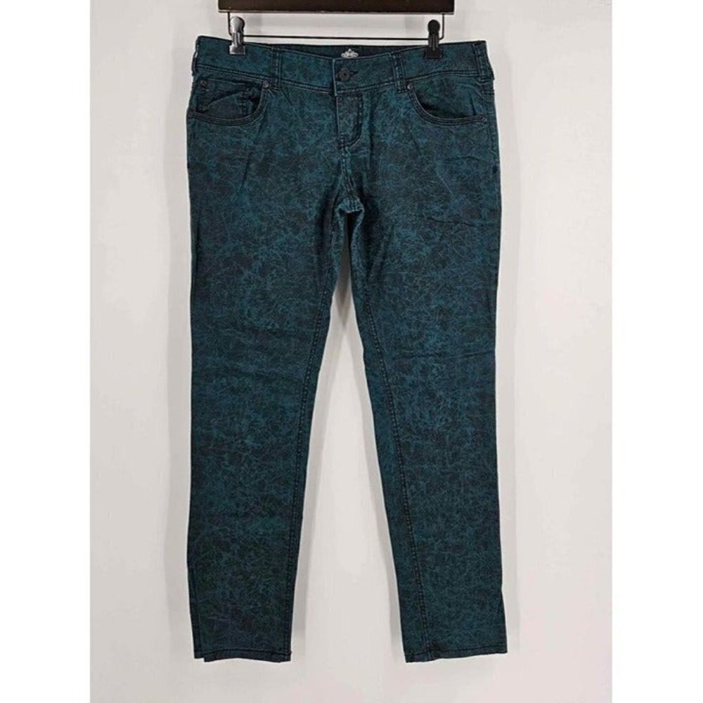 Almost Famous Womens Green Black Stretch Jeans Sequined Back Pockets Sz 15